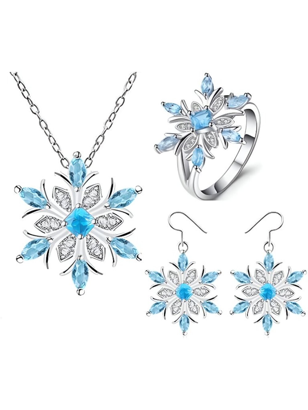 Romantic Blue Rhinestone Snowflake Necklace Earrings Set for Women Winter